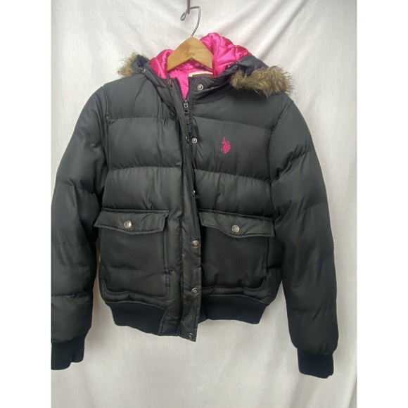 US Polo Assn Women’s Puffer Black Pink Logo Size Jr Large - Picture 1 of 13